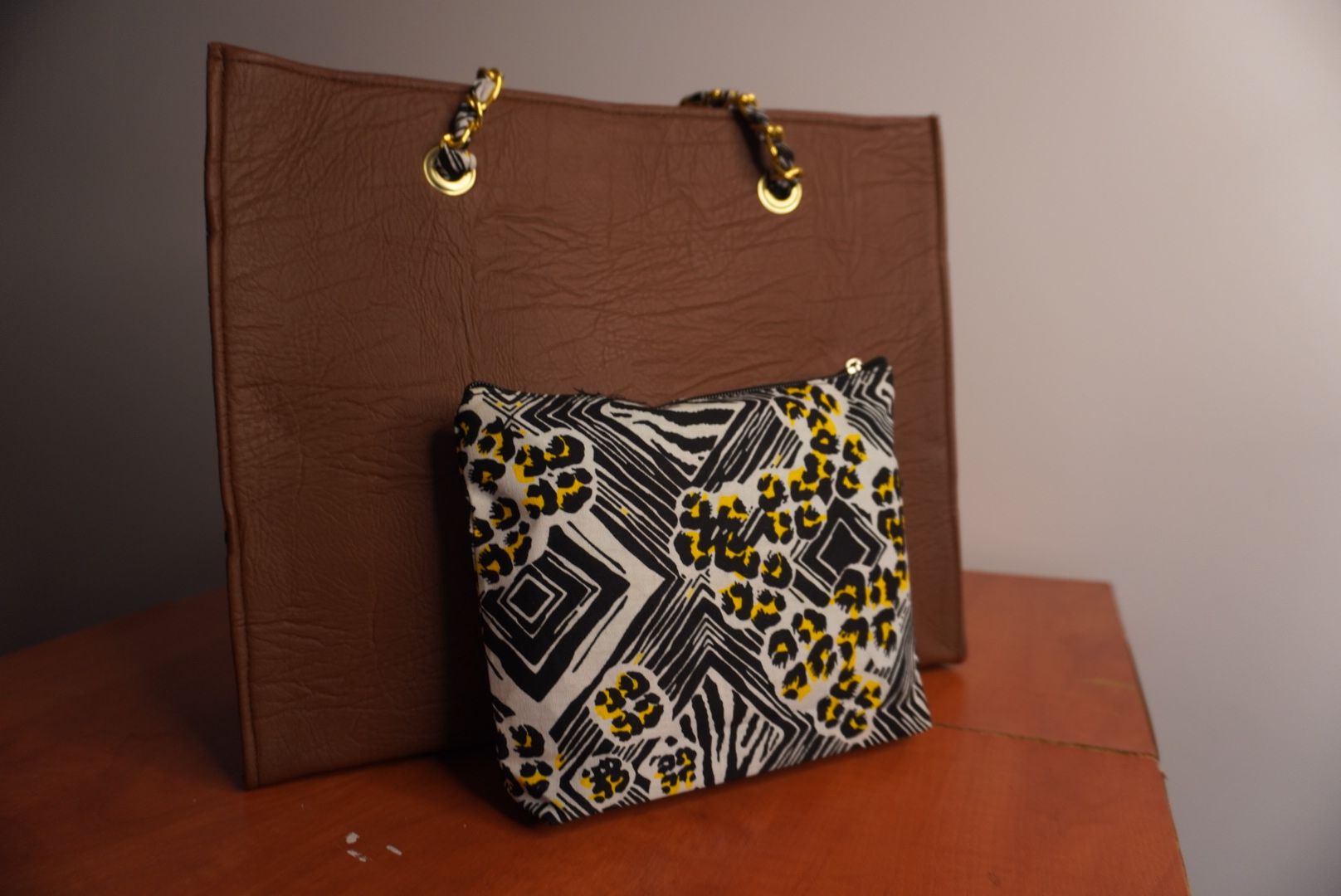 Faux Leather Ankara Adinkra Heritage Tote Bag - Cognac & Gold