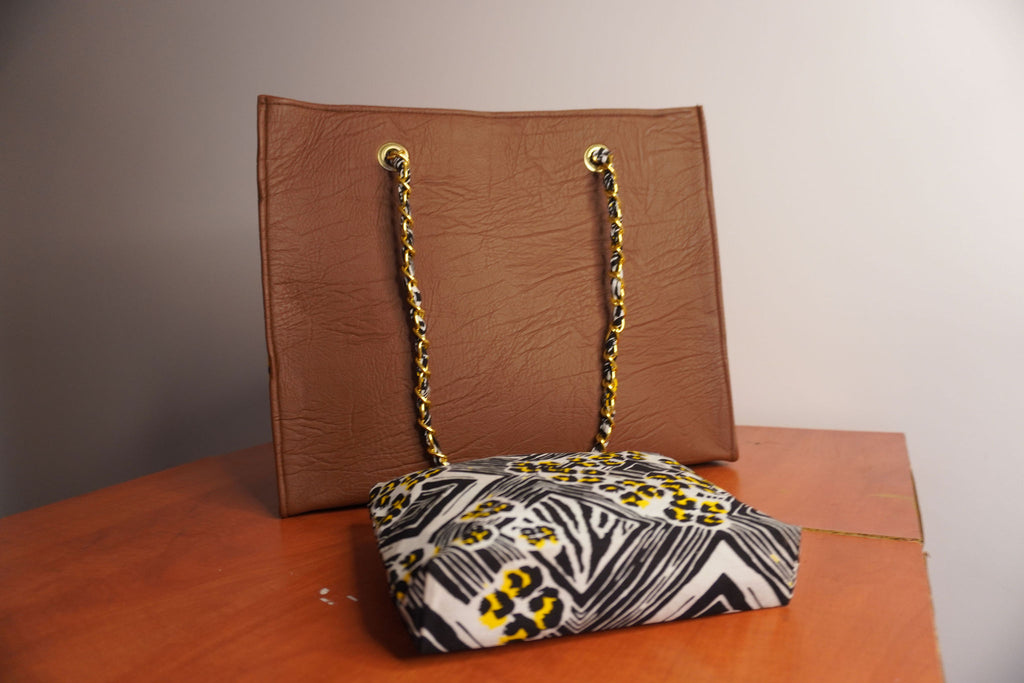 Faux Leather Ankara Adinkra Heritage Tote Bag - Cognac & Gold