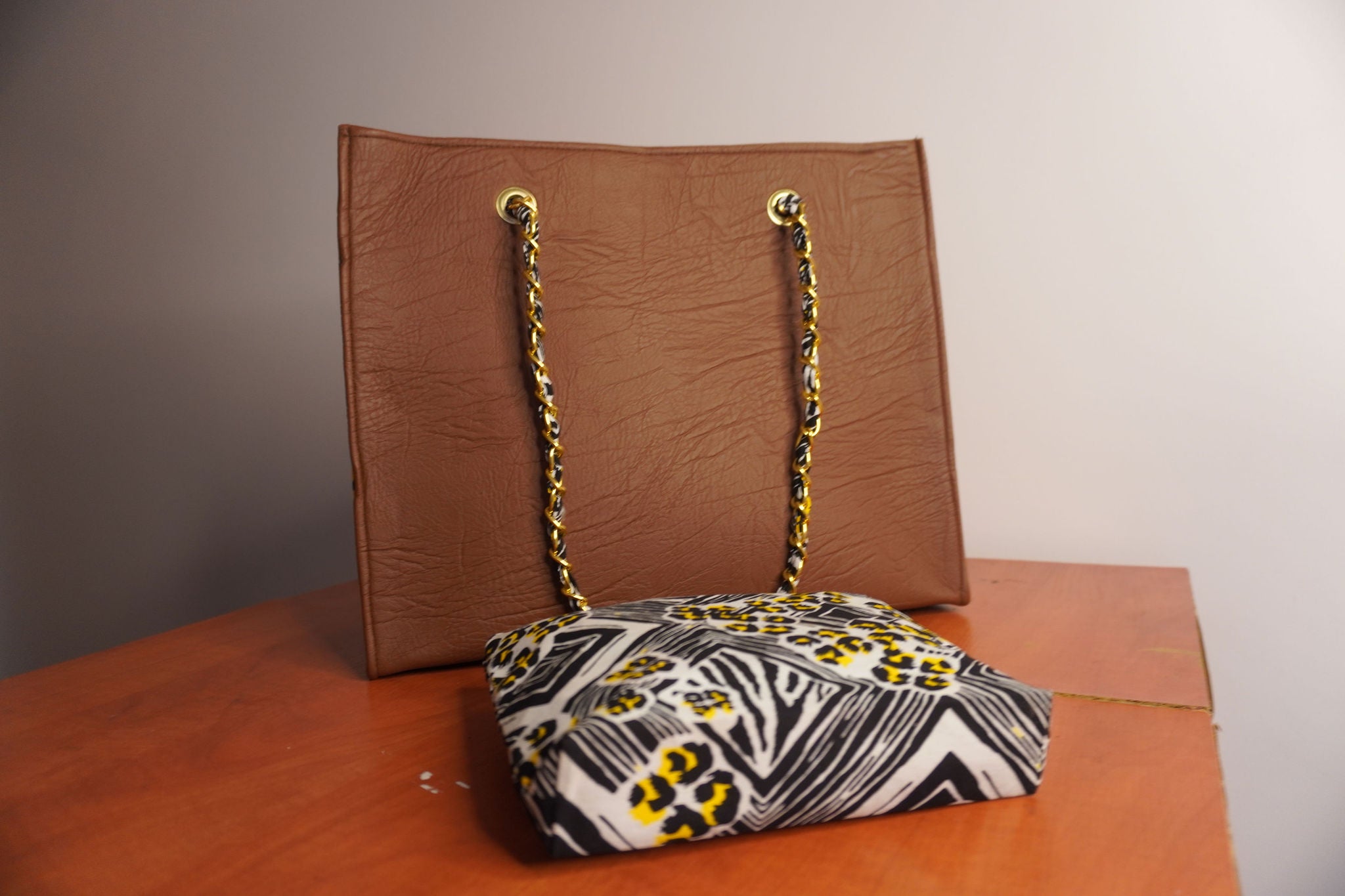 Faux Leather Ankara Adinkra Heritage Tote Bag - Cognac & Gold