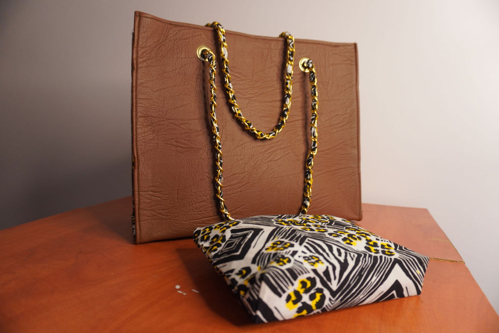 Faux Leather Ankara Adinkra Heritage Tote Bag - Cognac & Gold