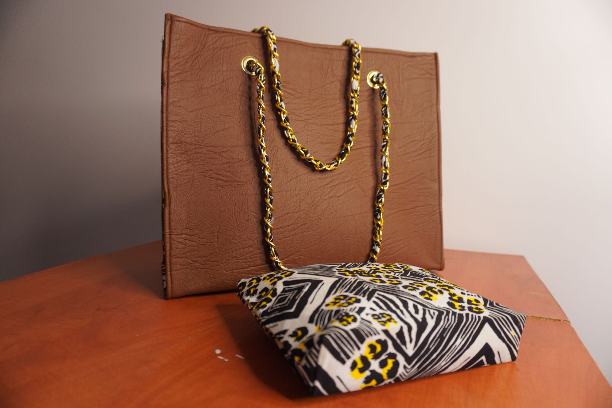 Faux Leather Ankara Adinkra Heritage Tote Bag - Cognac & Gold