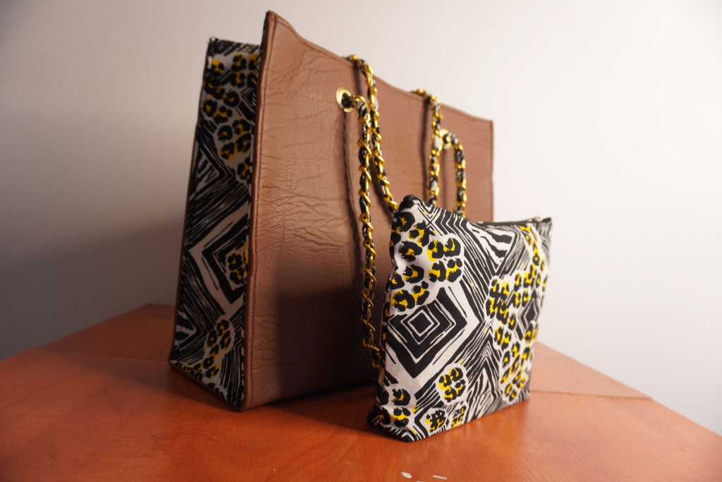 Faux Leather Ankara Adinkra Heritage Tote Bag - Cognac & Gold