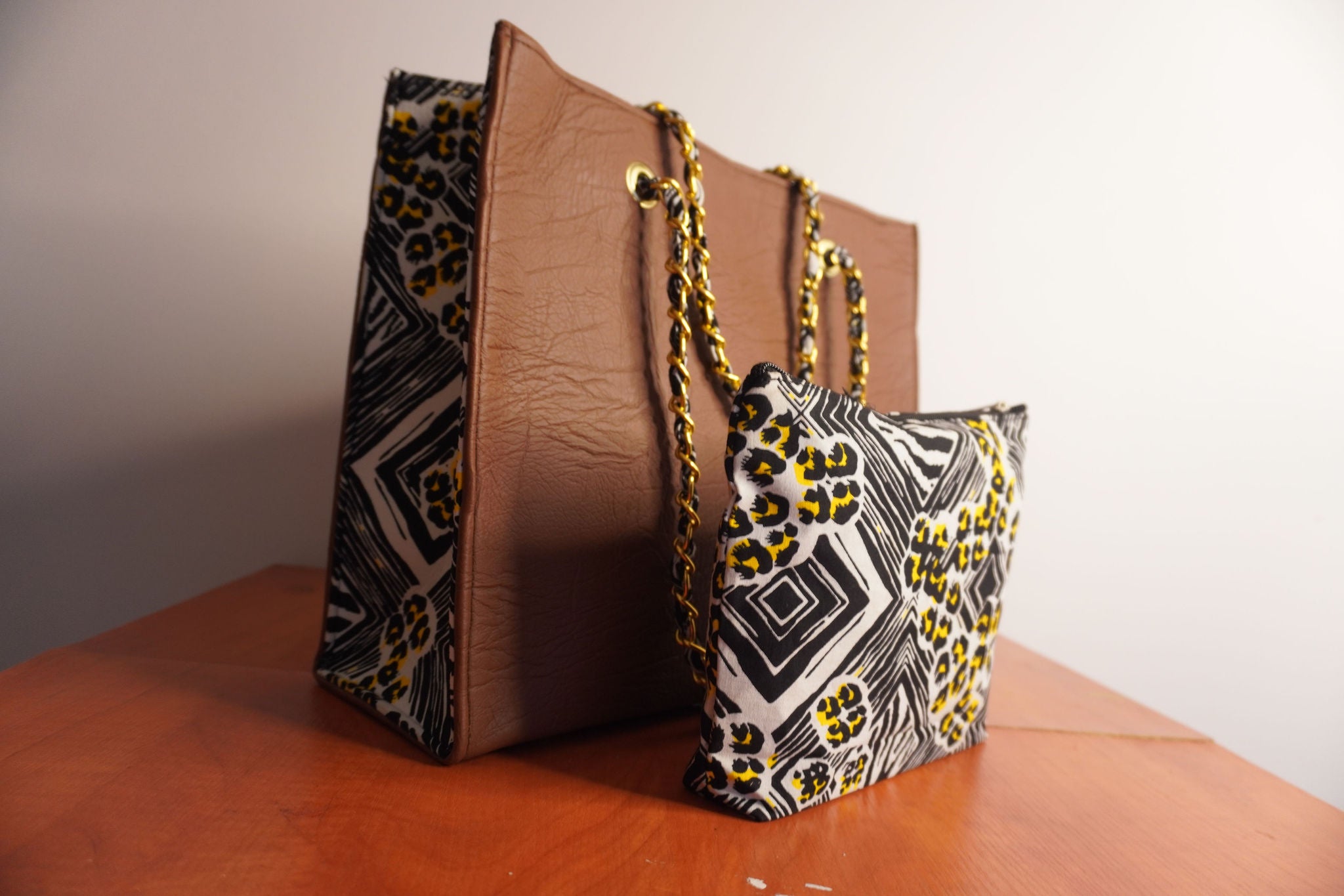 Faux Leather Ankara Adinkra Heritage Tote Bag - Cognac & Gold