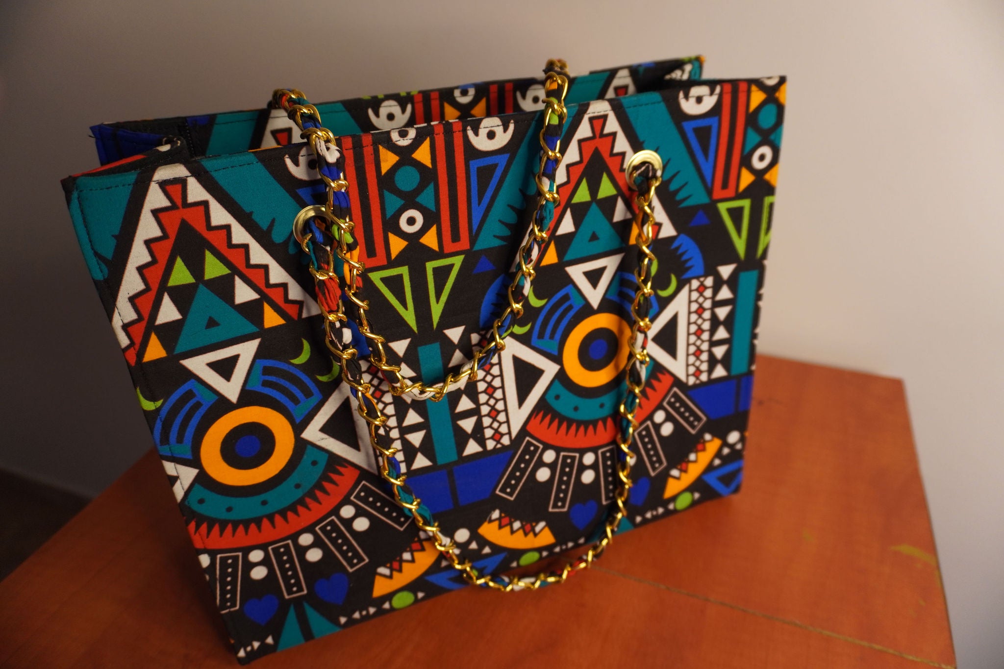 Ankara Tribal Symmetry Tote Bag - Turquoise & Coral