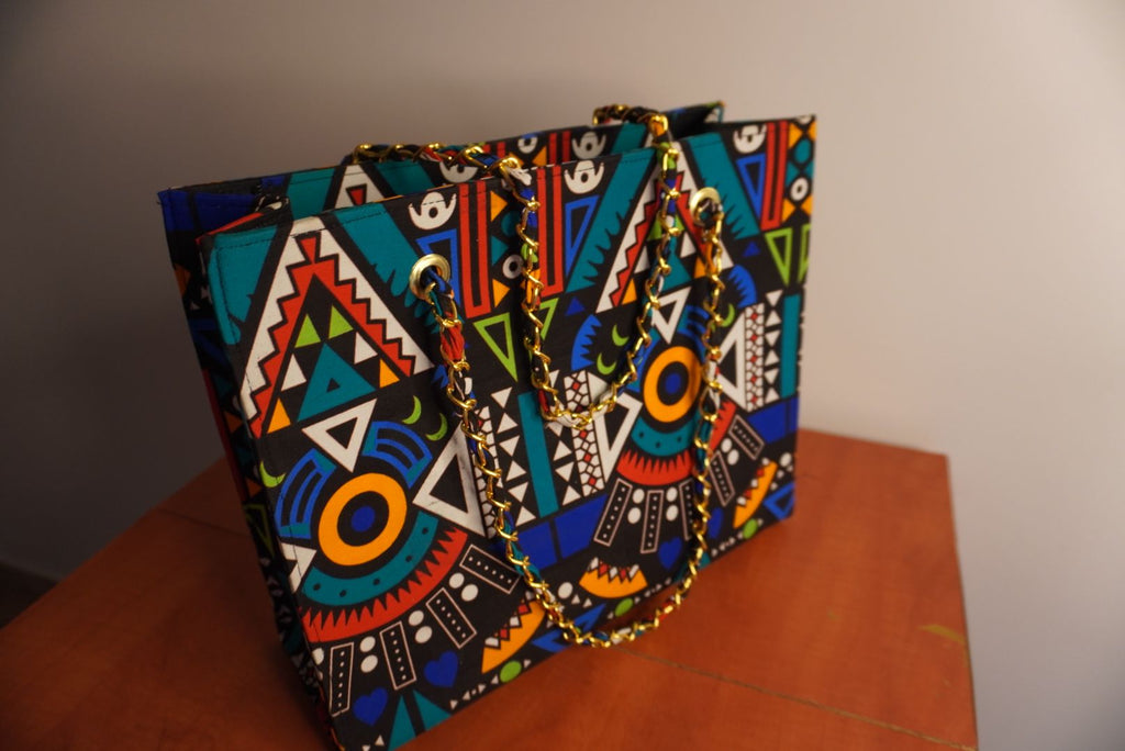 Ankara Tribal Symmetry Tote Bag - Turquoise & Coral