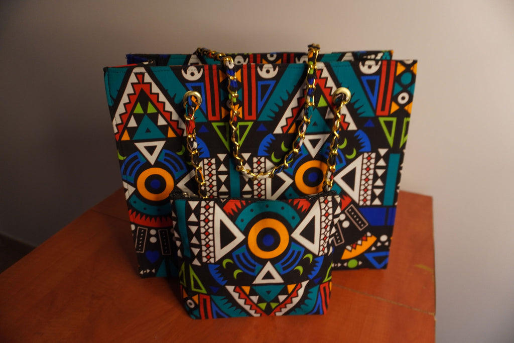 Ankara Tribal Symmetry Tote Bag - Turquoise & Coral