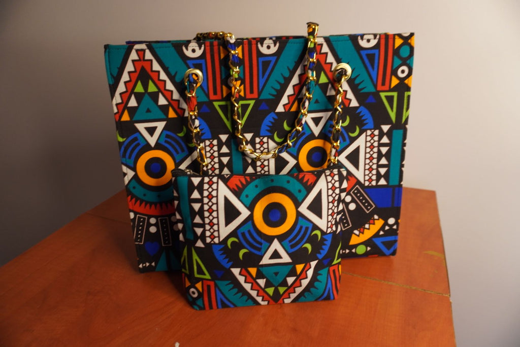 Ankara Tribal Symmetry Tote Bag - Turquoise & Coral