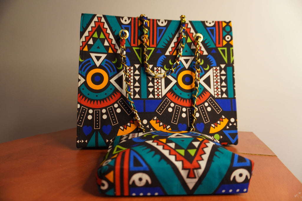 Ankara Tribal Symmetry Tote Bag - Turquoise & Coral