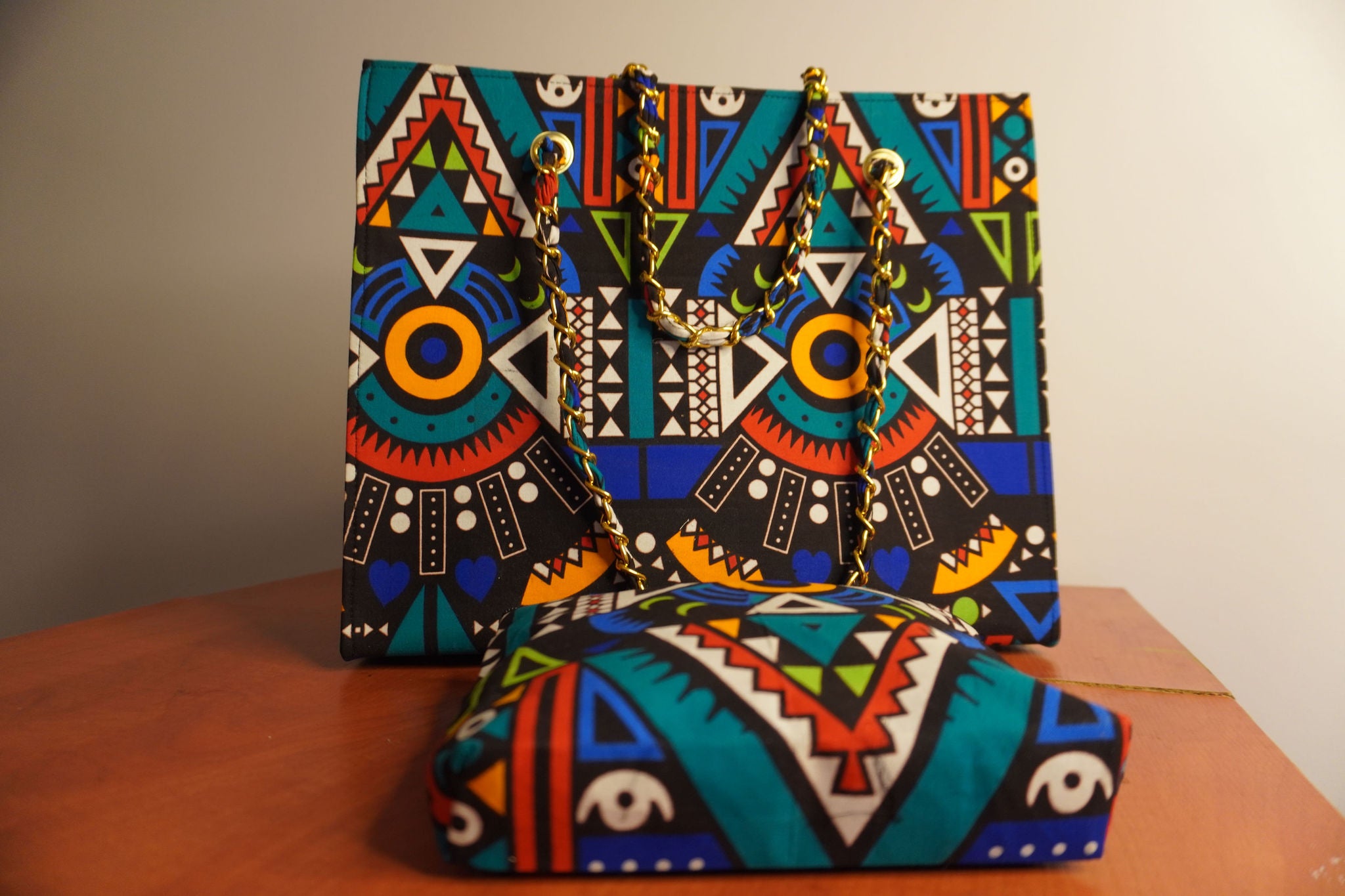 Ankara Tribal Symmetry Tote Bag - Turquoise & Coral