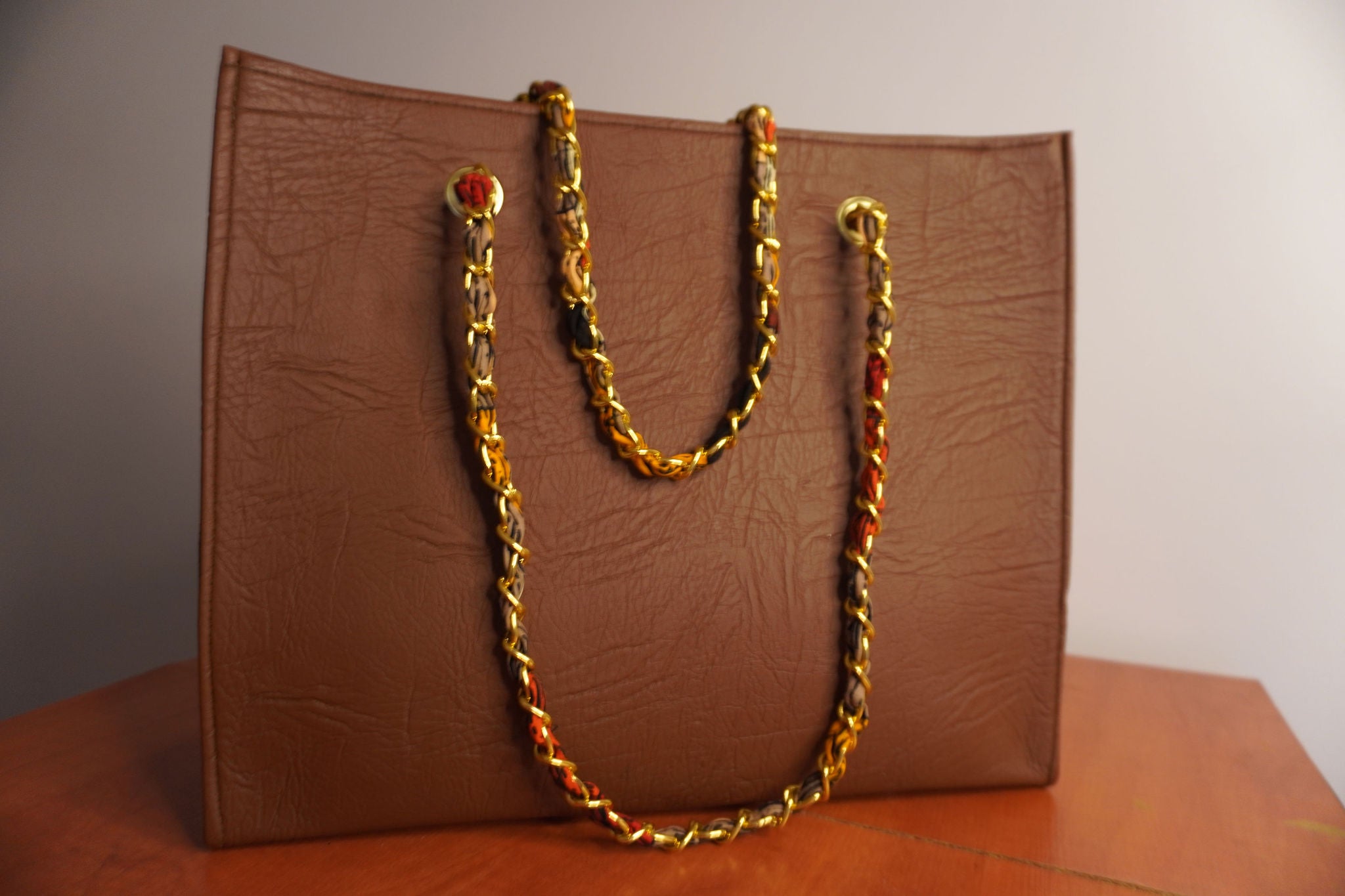 Faux Leather Ankara Tribal Elegance Tote Bag - Cognac & Ebony