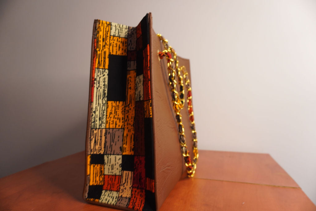 Faux Leather Ankara Patchwork Fusion Tote Bag - Earth Tones with Gold Chain