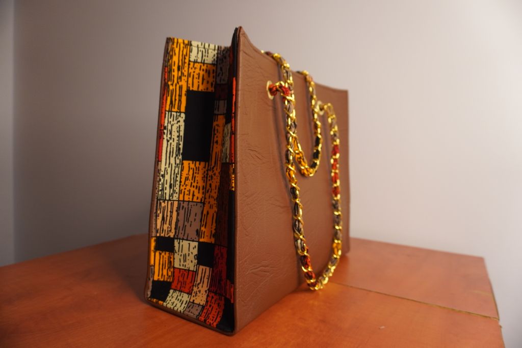 Faux Leather Ankara Patchwork Fusion Tote Bag - Earth Tones with Gold Chain
