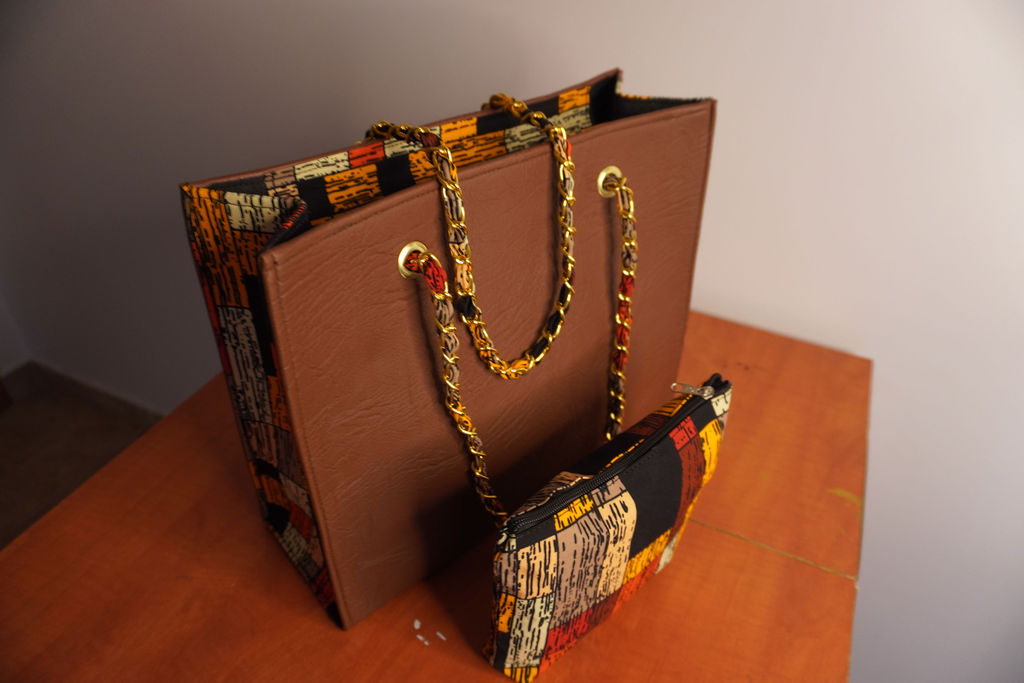 Faux Leather Ankara Patchwork Fusion Tote Bag - Earth Tones with Gold Chain