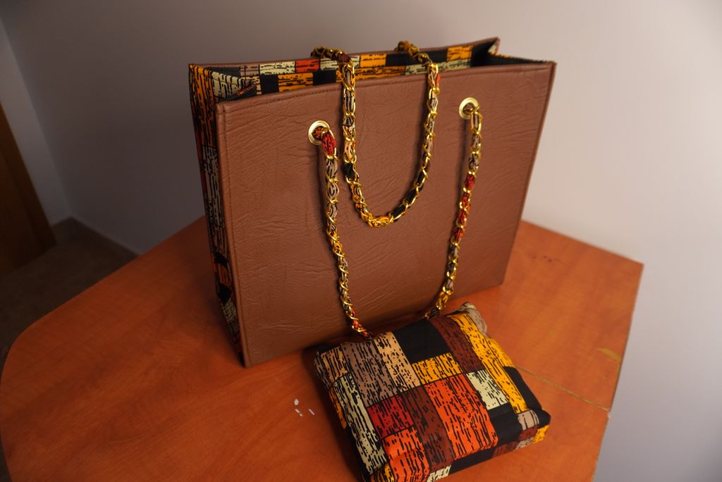 Faux Leather Ankara Patchwork Fusion Tote Bag - Earth Tones with Gold Chain