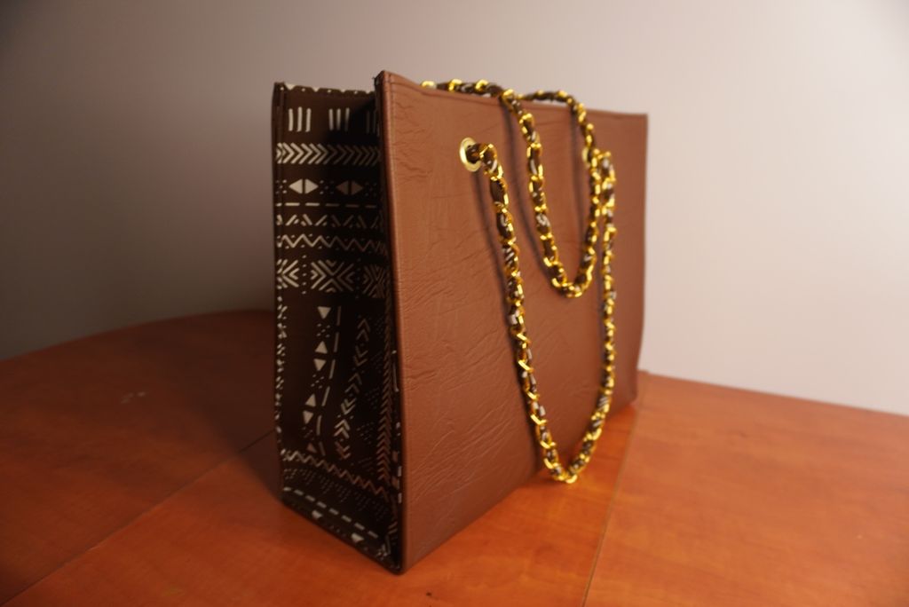 Faux Leather Ankara Mudcloth Fusion Tote Bag - Camel & Black White