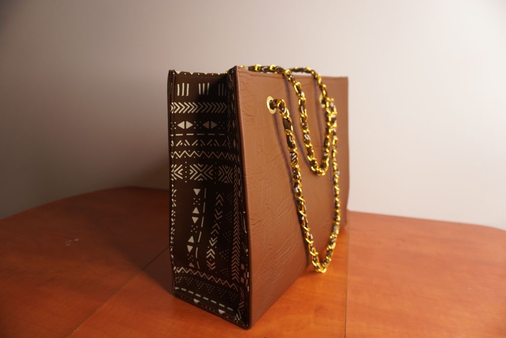 Faux Leather Ankara Mudcloth Fusion Tote Bag - Camel & Black White