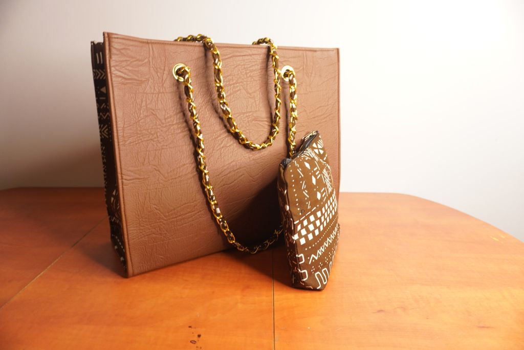 Faux Leather Ankara Mudcloth Fusion Tote Bag - Camel & Black White