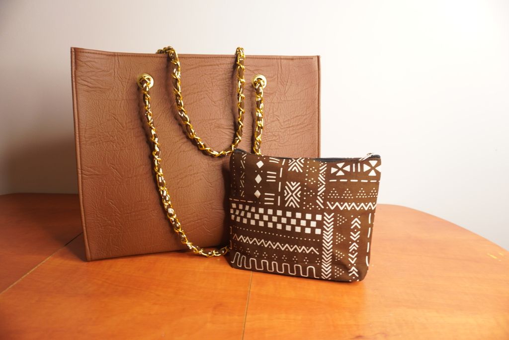 Faux Leather Ankara Mudcloth Fusion Tote Bag - Camel & Black White