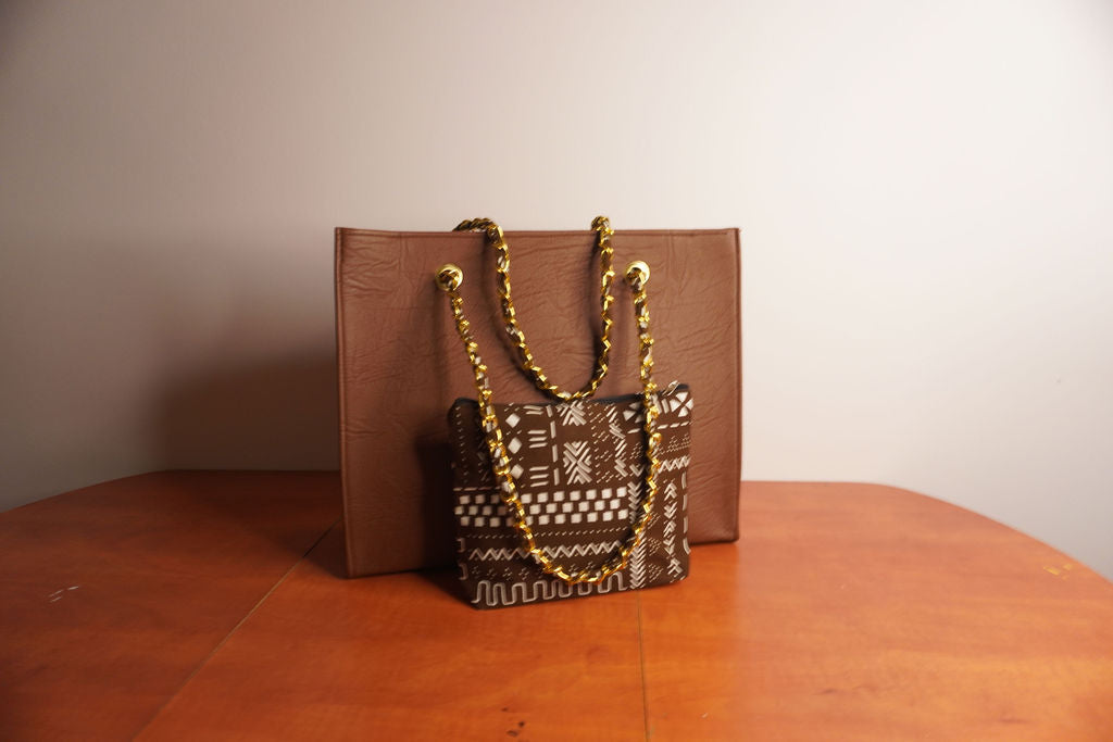 Faux Leather Ankara Mudcloth Fusion Tote Bag - Camel & Black White