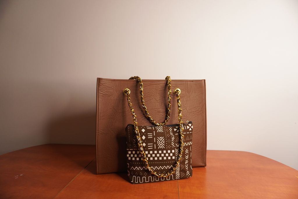 Faux Leather Ankara Mudcloth Fusion Tote Bag - Camel & Black White