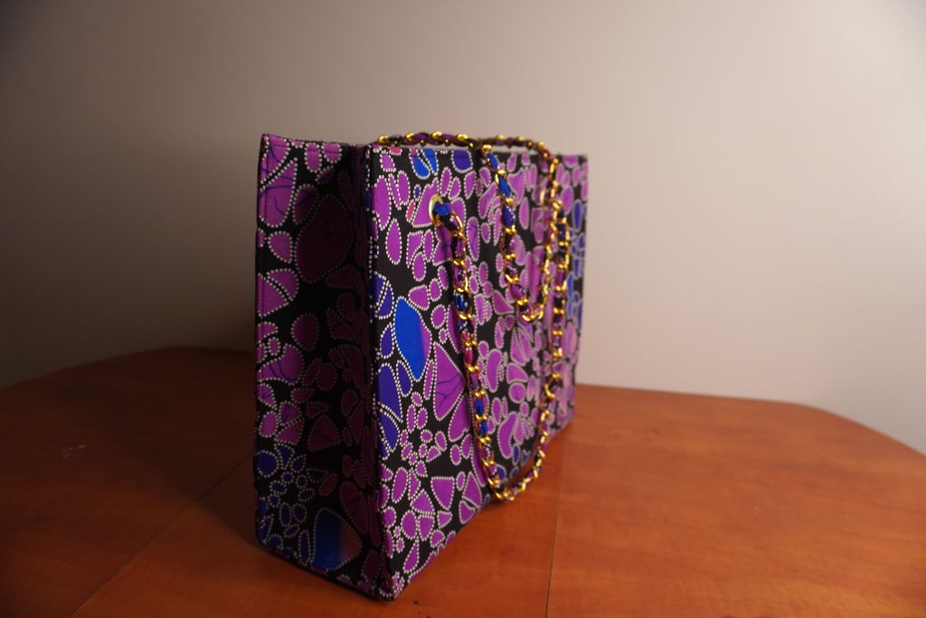 Ankara Mosaic Tote Bag - Purple & Blue with Gold Chain