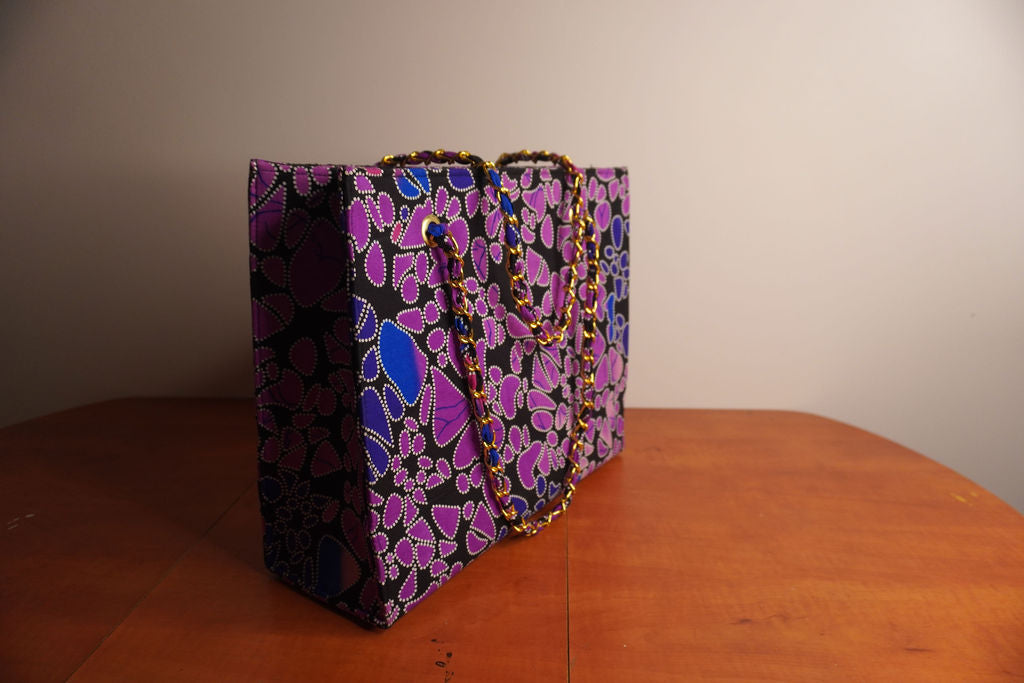 Ankara Mosaic Tote Bag - Purple & Blue with Gold Chain