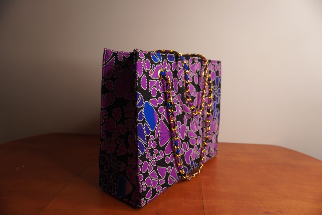 Ankara Mosaic Tote Bag - Purple & Blue with Gold Chain