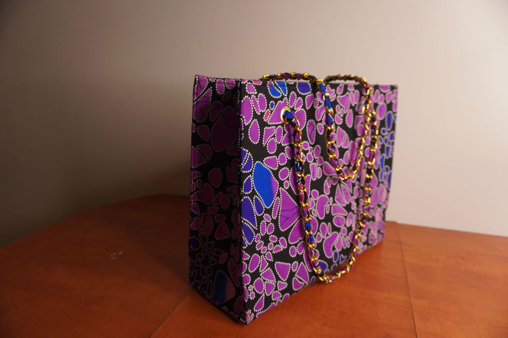 Ankara Mosaic Tote Bag - Purple & Blue with Gold Chain