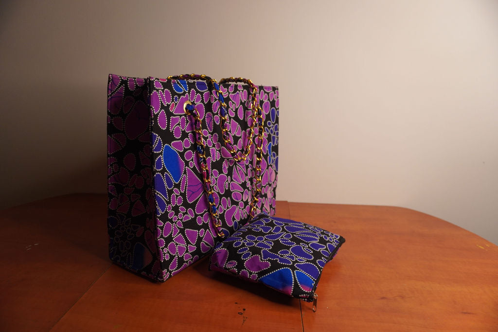 Ankara Mosaic Tote Bag - Purple & Blue with Gold Chain