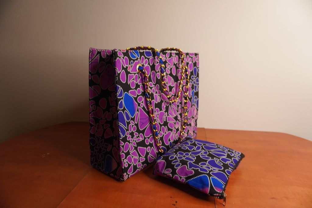 Ankara Mosaic Tote Bag - Purple & Blue with Gold Chain