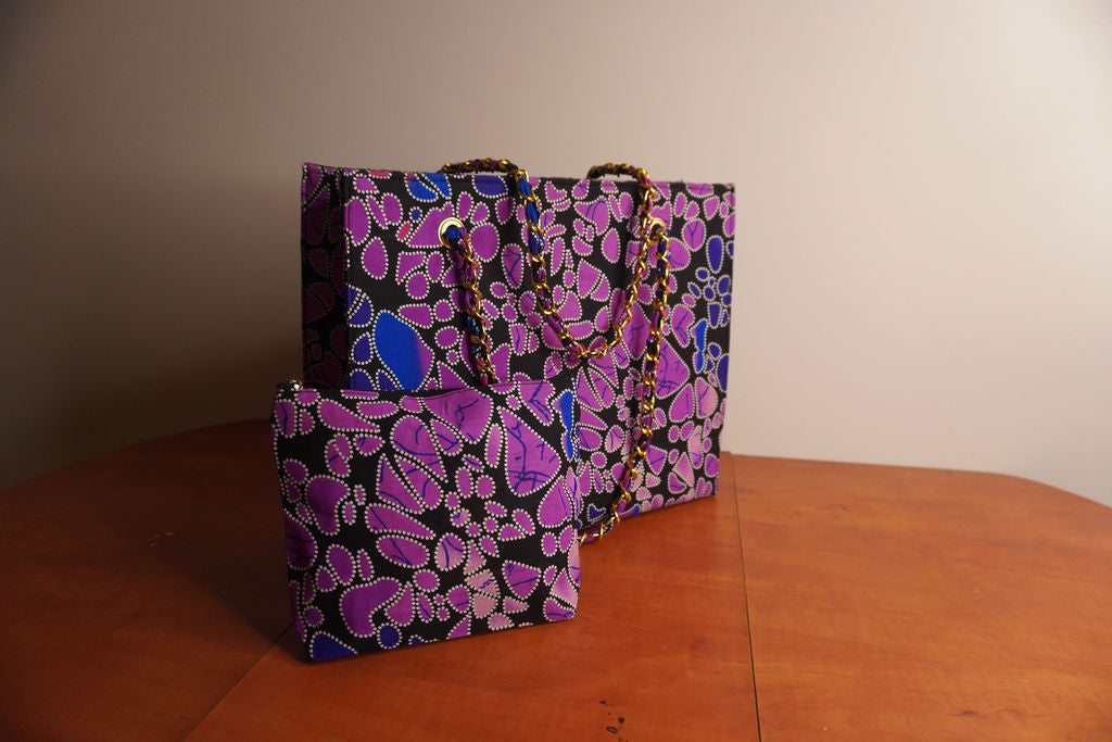 Ankara Mosaic Tote Bag - Purple & Blue with Gold Chain