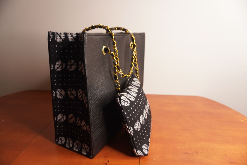 Faux Leather Ankara Mud cloth Fusion Tote Bag -  Black and White Ankara