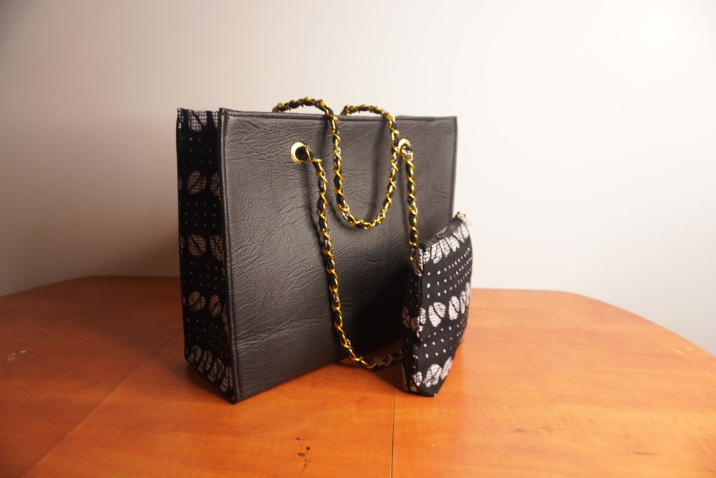 Faux Leather Ankara Mud cloth Fusion Tote Bag -  Black and White Ankara