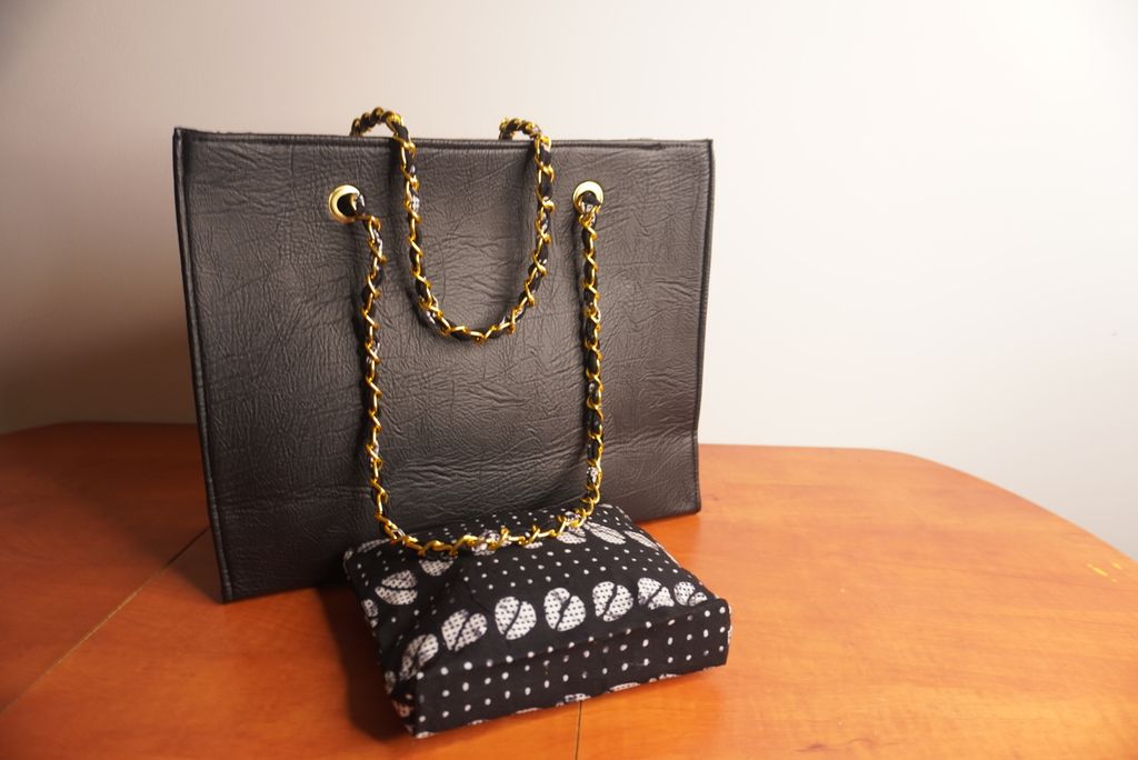 Faux Leather Ankara Mud cloth Fusion Tote Bag -  Black and White Ankara