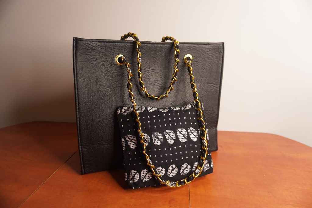 Faux Leather Ankara Mud cloth Fusion Tote Bag -  Black and White Ankara