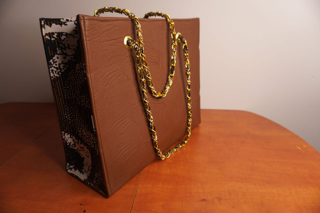 Faux Leather Ankara Tribal Elegance Tote Bag - Cognac & Ebony