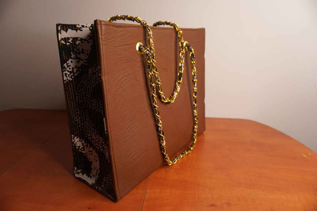Faux Leather Ankara Tribal Elegance Tote Bag - Cognac & Ebony