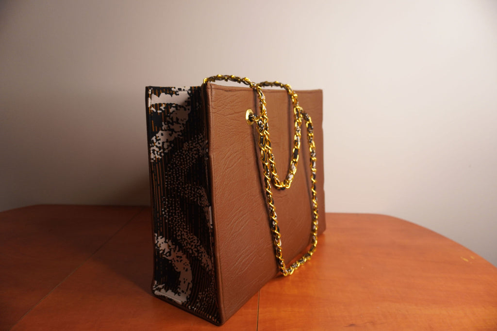 Faux Leather Ankara Tribal Elegance Tote Bag - Cognac & Ebony