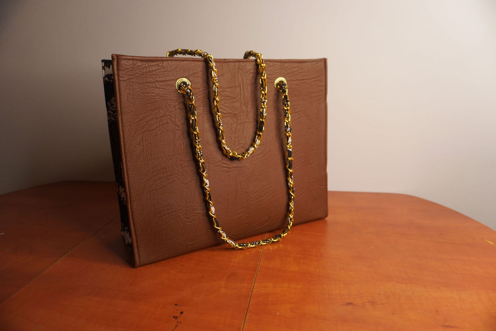 Faux Leather Ankara Tribal Elegance Tote Bag - Cognac & Ebony