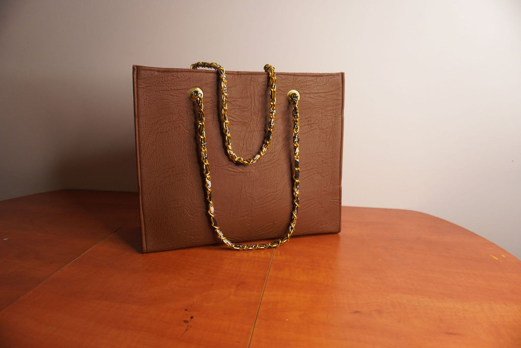 Faux Leather Ankara Tribal Elegance Tote Bag - Cognac & Ebony