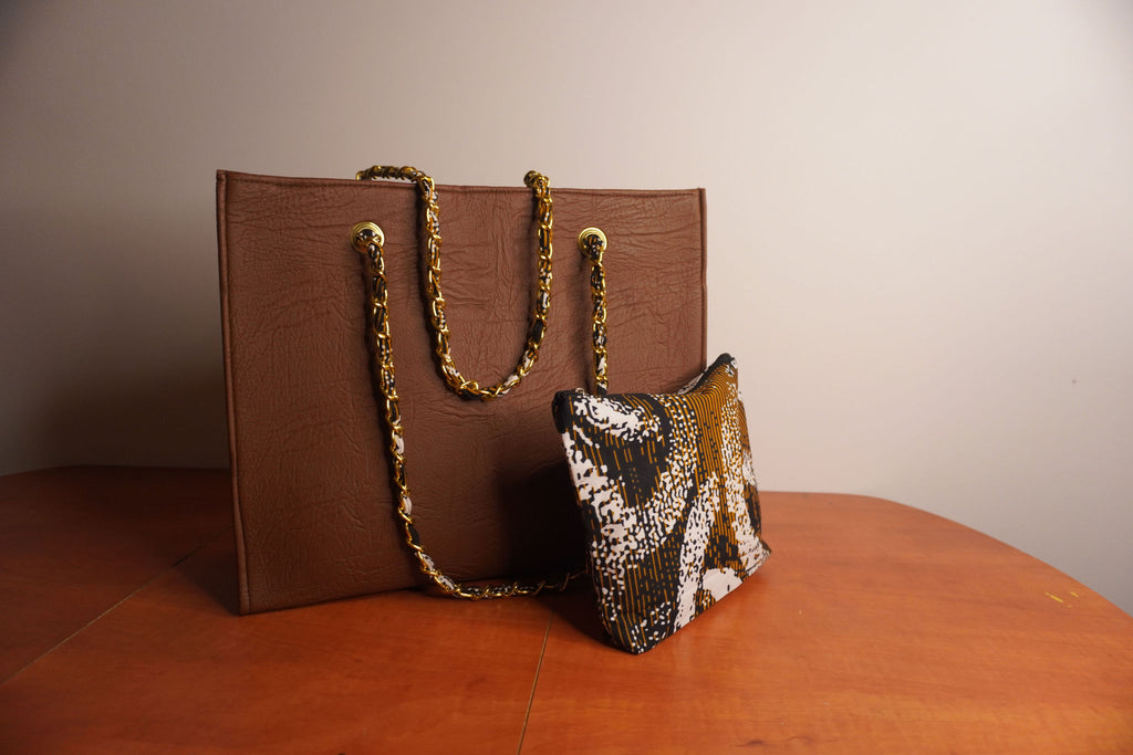 Faux Leather Ankara Tribal Elegance Tote Bag - Cognac & Ebony