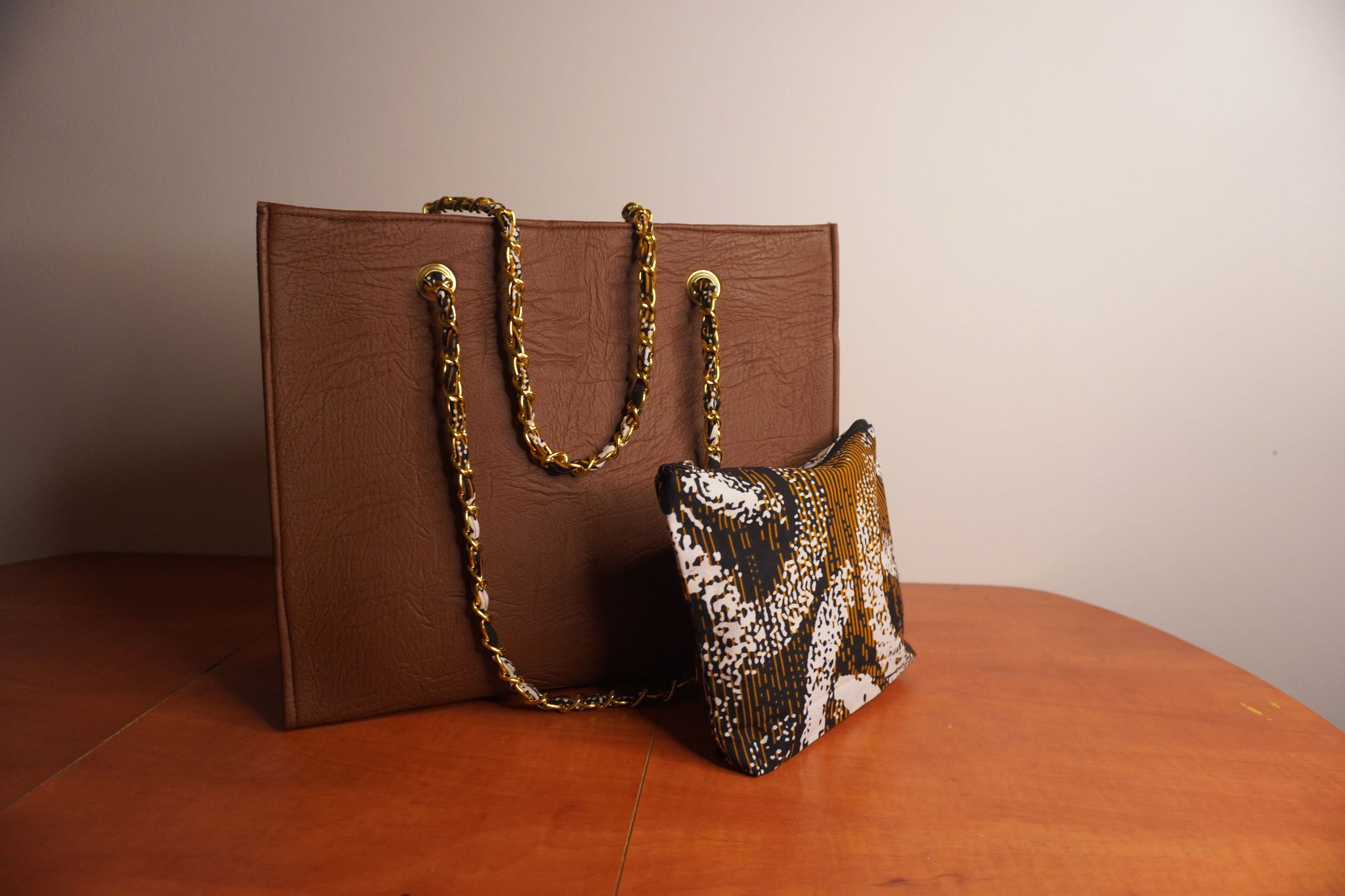 Faux Leather Ankara Tribal Elegance Tote Bag - Cognac & Ebony