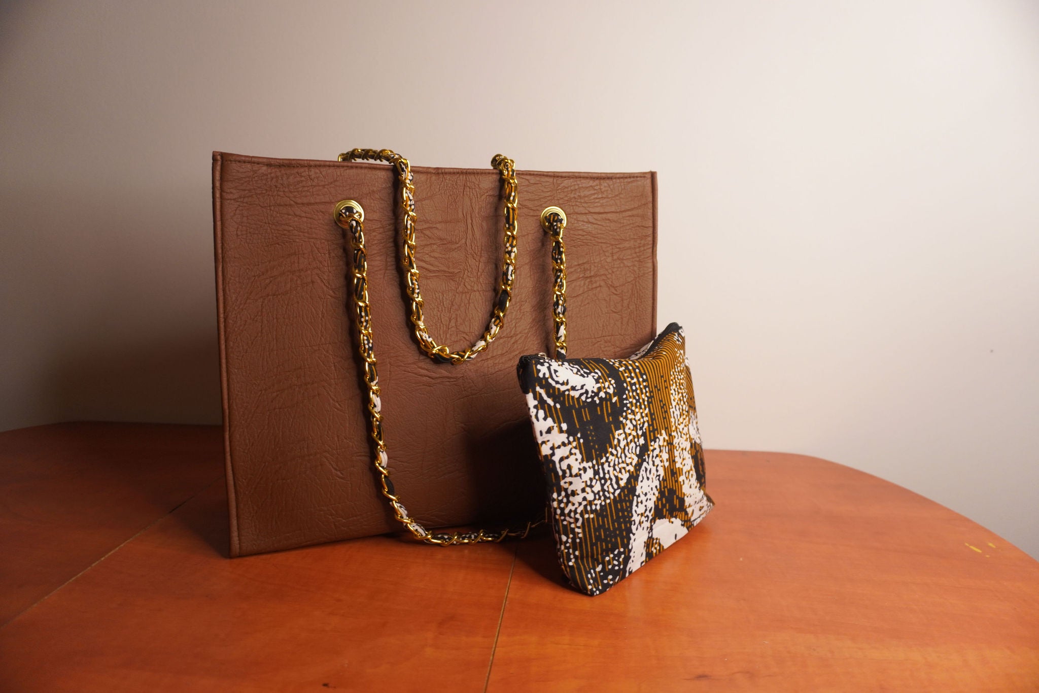 Faux Leather Ankara Tribal Elegance Tote Bag - Cognac & Ebony