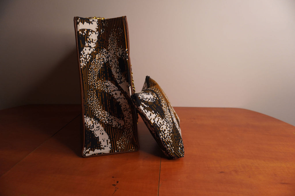 Faux Leather Ankara Tribal Elegance Tote Bag - Cognac & Ebony