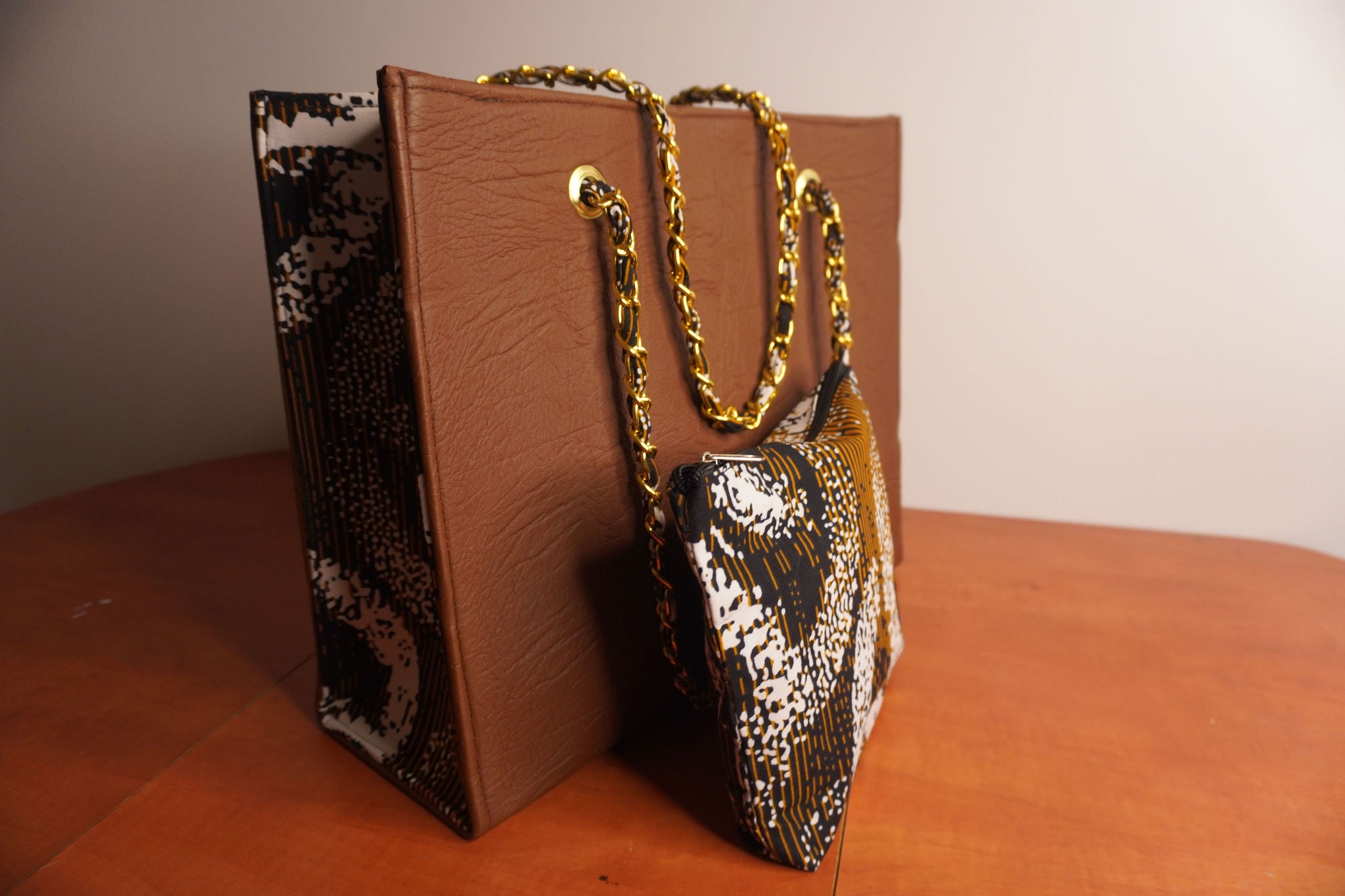 Faux Leather Ankara Tribal Elegance Tote Bag - Cognac & Ebony