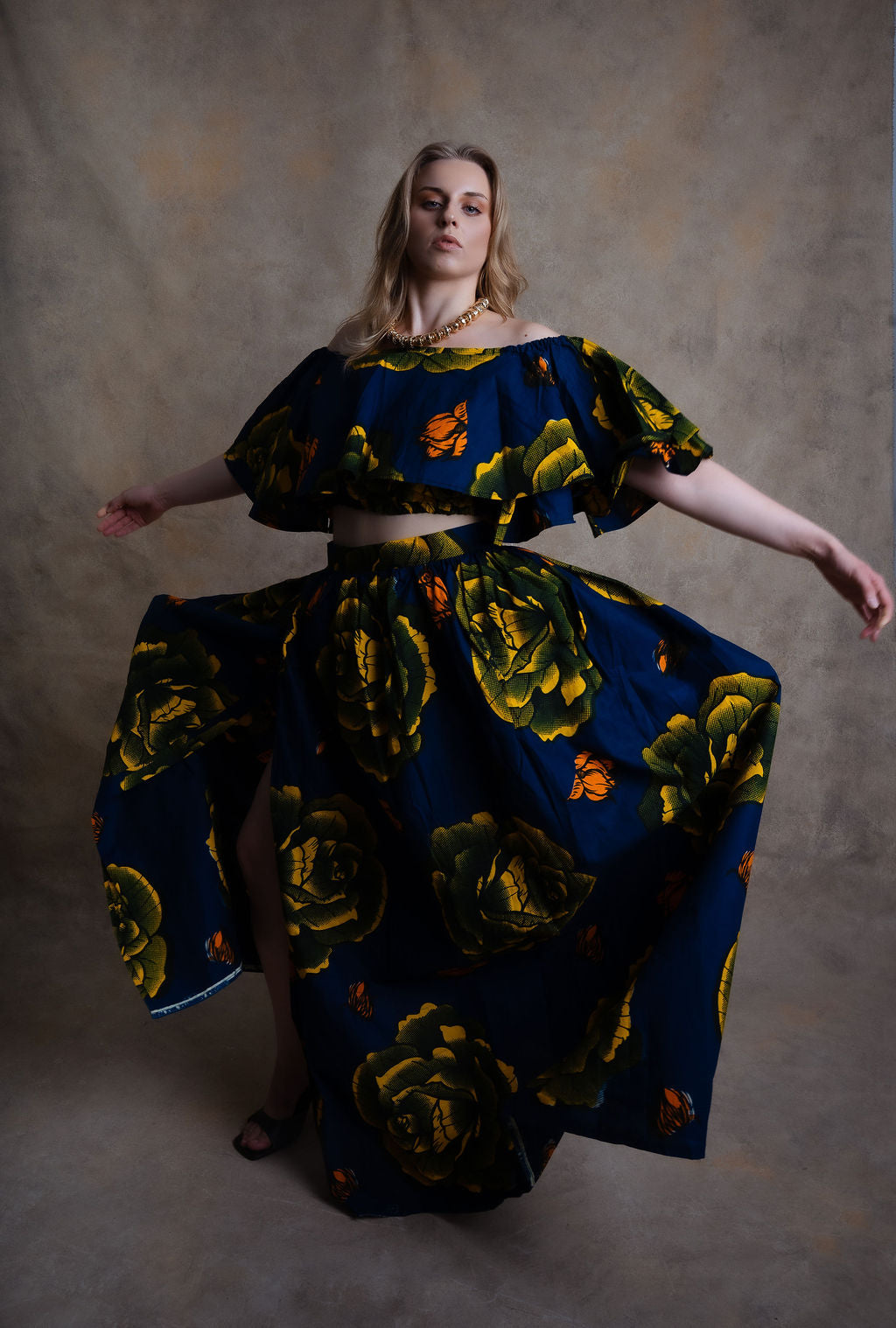 Ankara Large Floral Two-Piece Set - Navy Garden