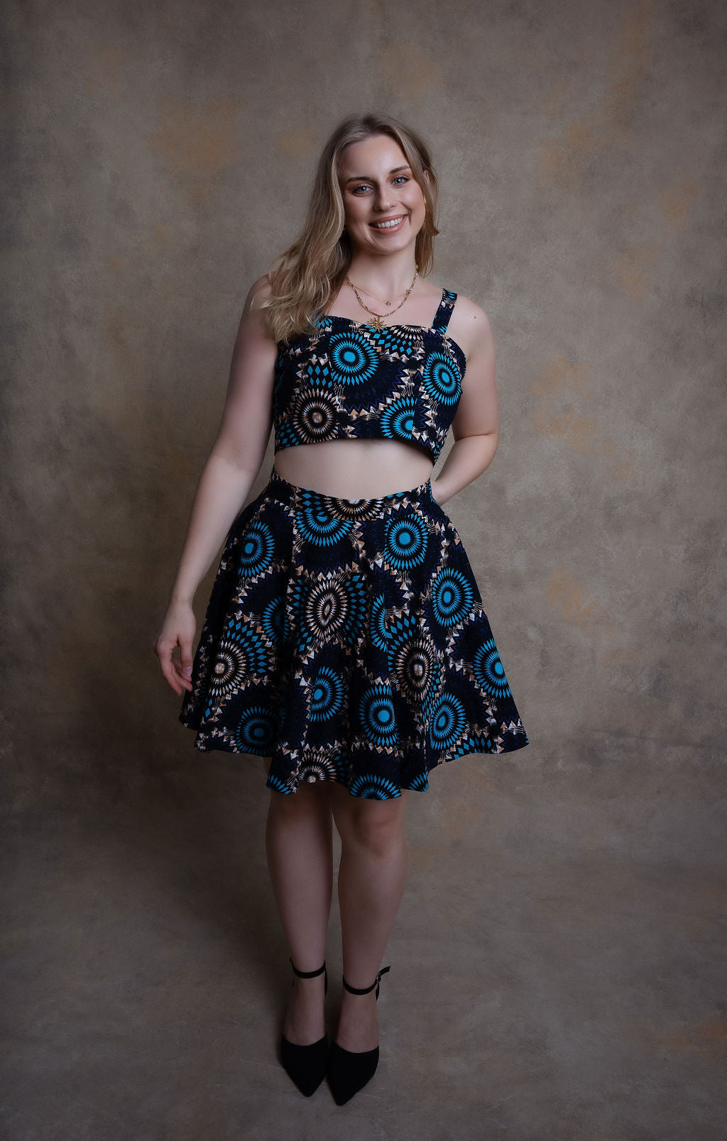 Ankara Circular Pattern Two-Piece Set - Midnight Elegance
