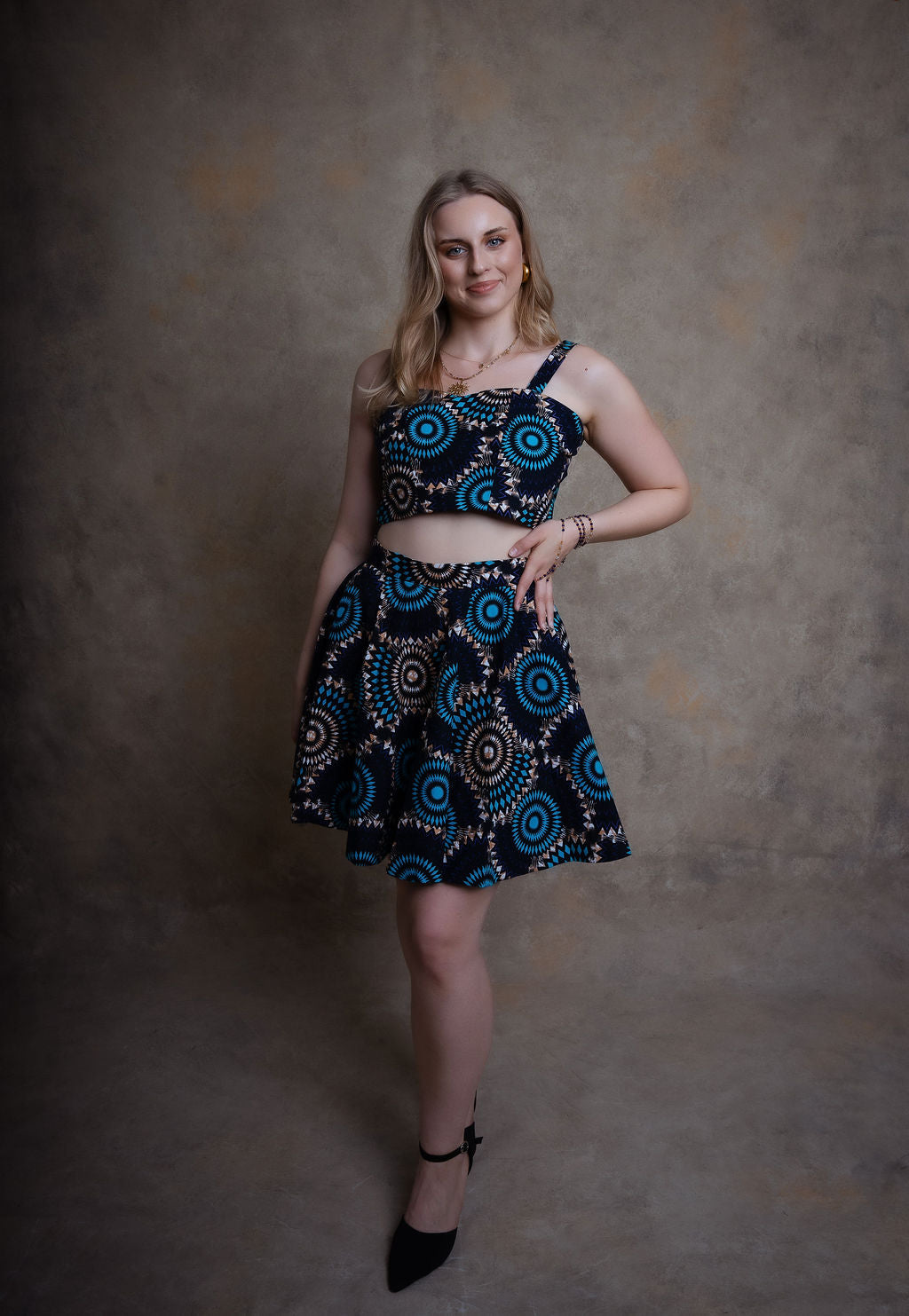 Ankara Circular Pattern Two-Piece Set - Midnight Elegance