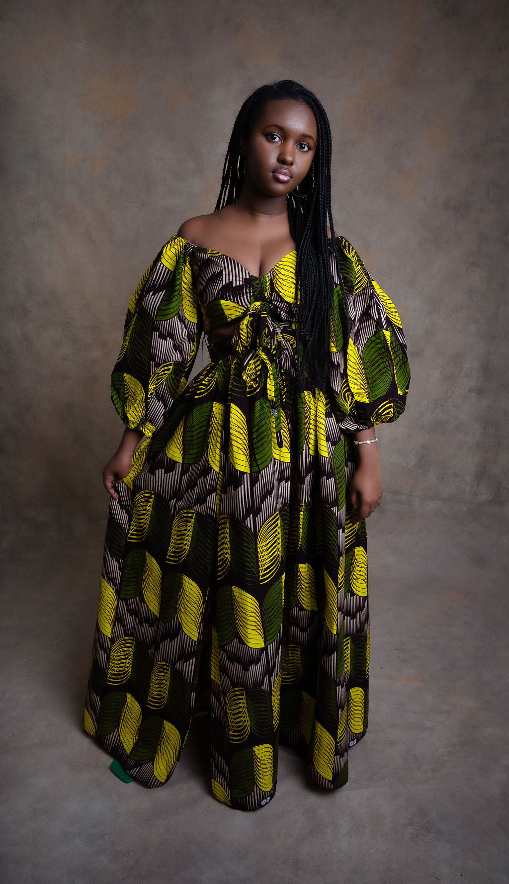 Ankara Leaf Print Off-Shoulder Maxi Dress - Golden Elegance