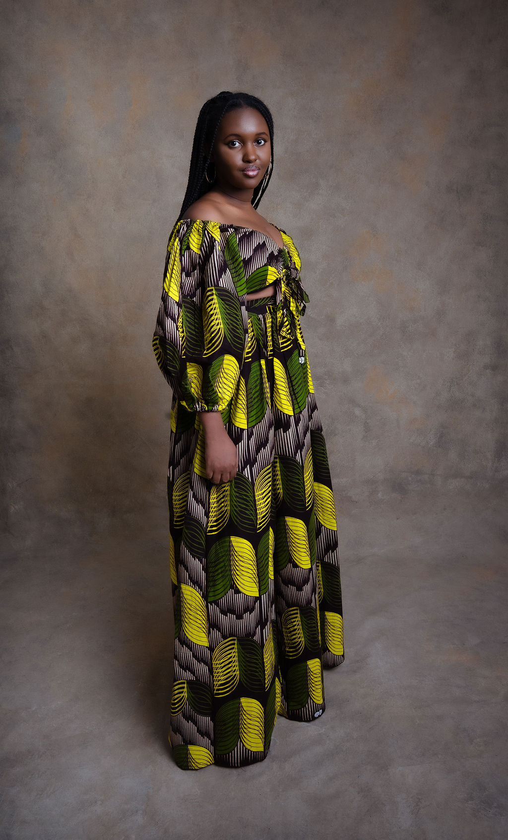 Ankara Leaf Print Off-Shoulder Maxi Dress - Golden Elegance
